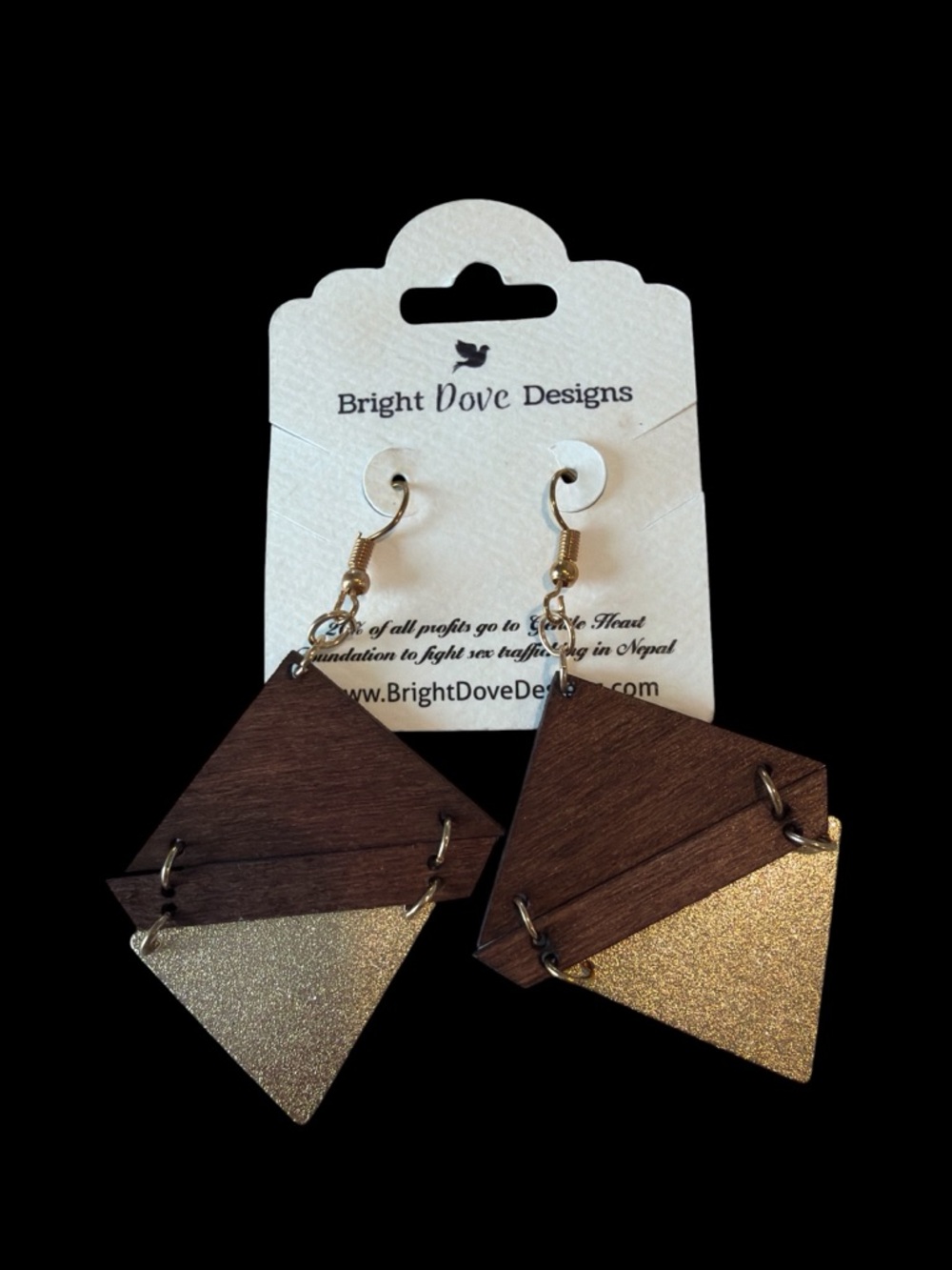 Gold & Brown Geometric Wood Drop Earrings - Picture 2 of 4